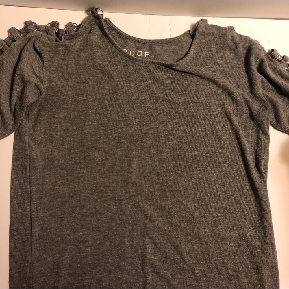 Gray Poof shirt with open shoulders